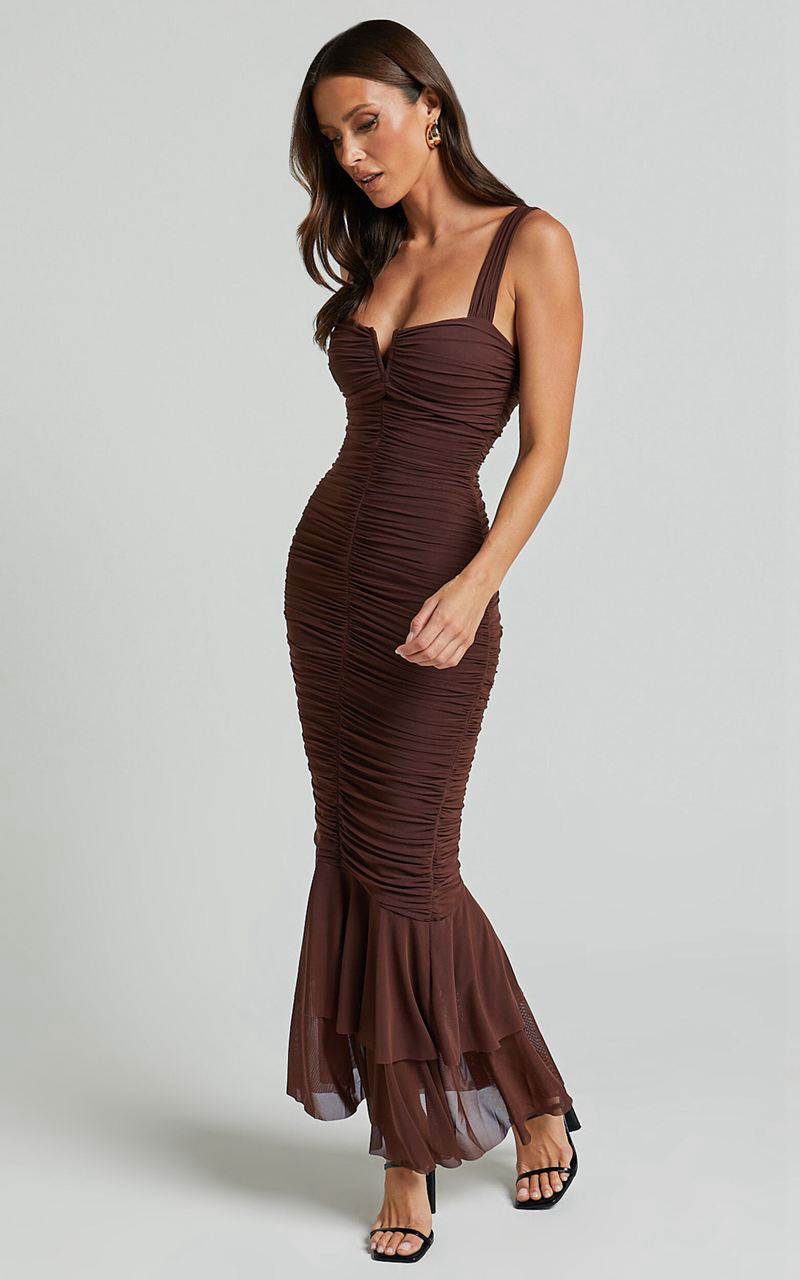 Showpo Kody Midi Dress - Bodycon Ruched Mesh Cut Out Dress Chocolate | FASDPR894