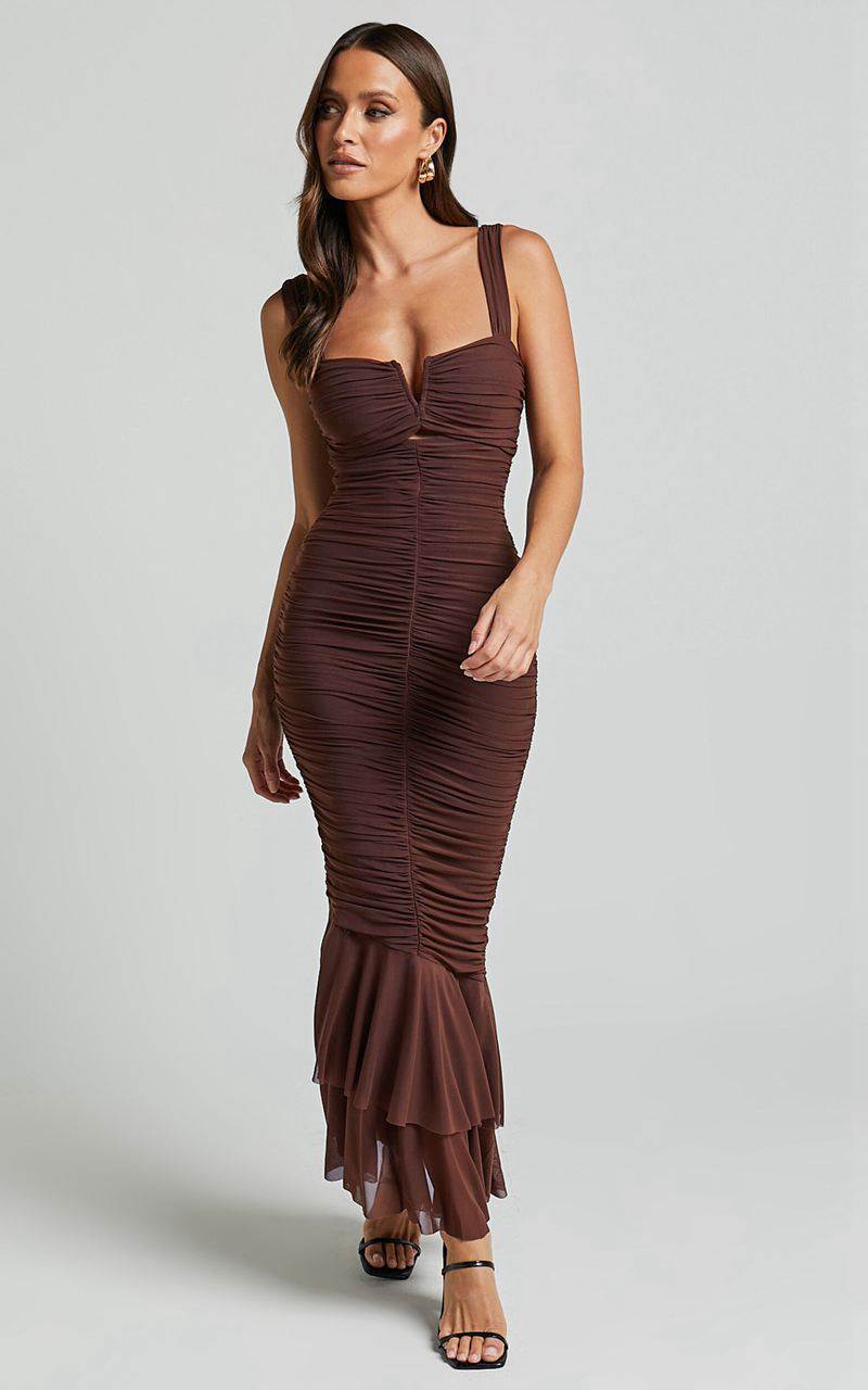 Showpo Kody Midi Dress - Bodycon Ruched Mesh Cut Out Dress Chocolate | FASDPR894