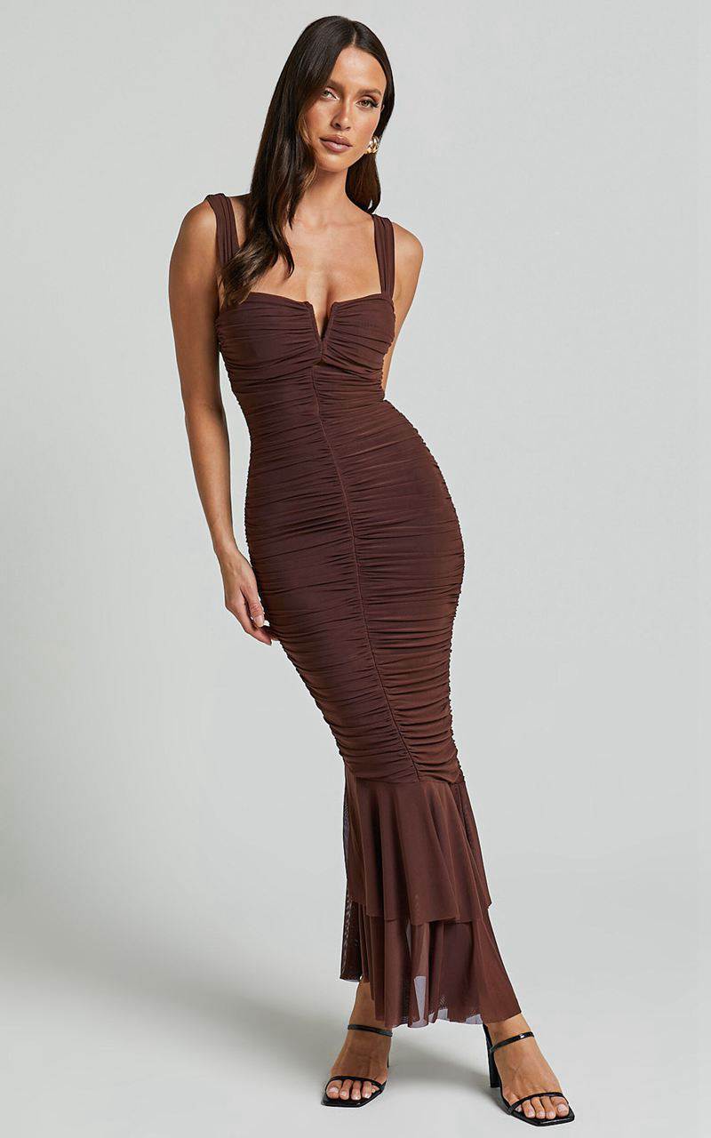 Showpo Kody Midi Dress - Bodycon Ruched Mesh Cut Out Dress Chocolate | FASDPR894