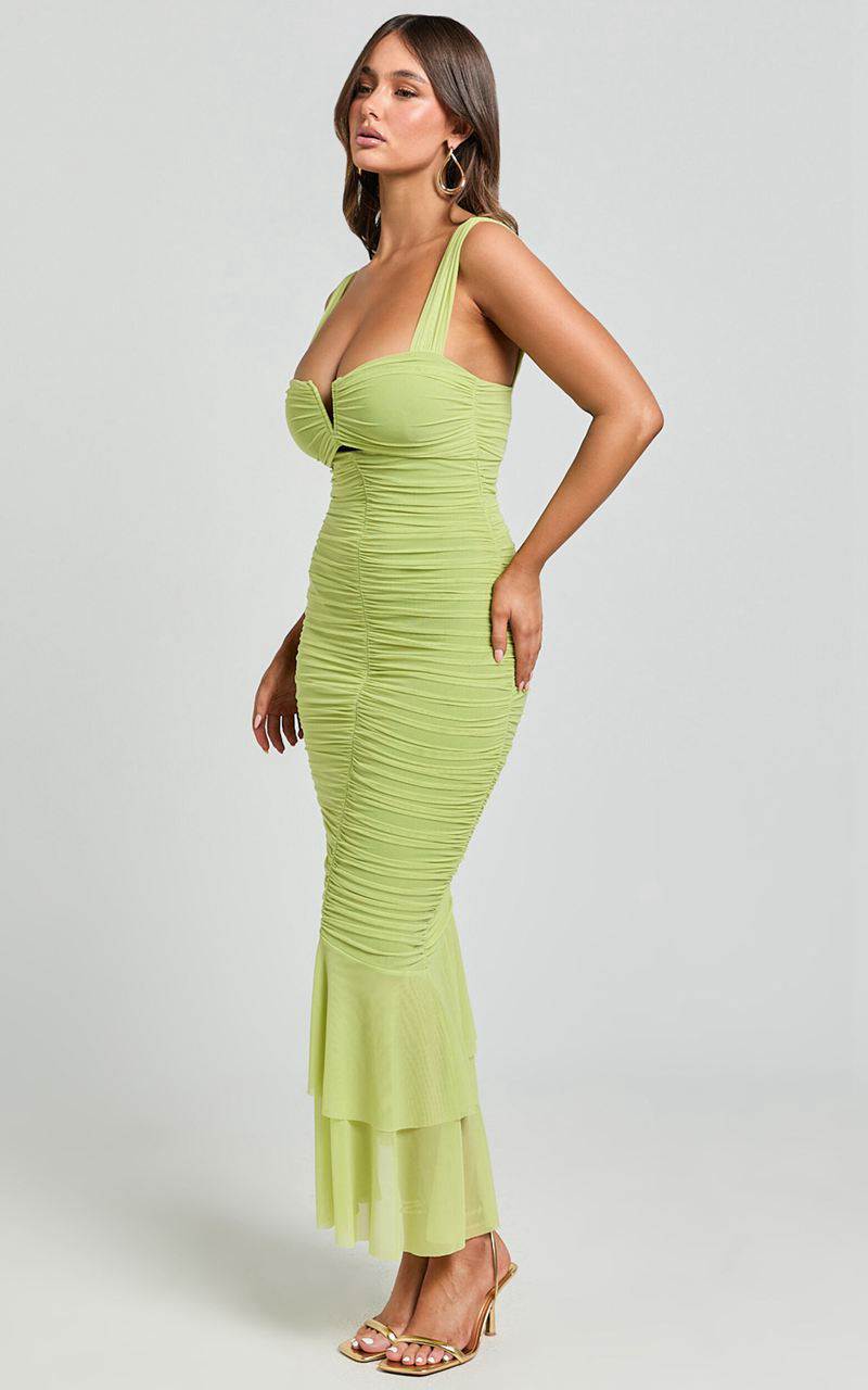 Showpo Kody Midi Dress - Bodycon Ruched Mesh Cut Out Dress Lime | PTMSXB943