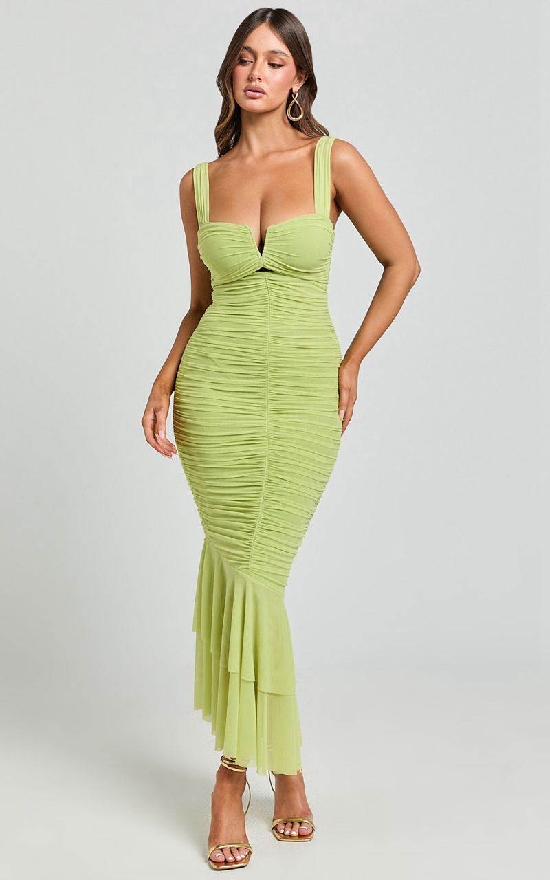 Showpo Kody Midi Dress - Bodycon Ruched Mesh Cut Out Dress Lime | PTMSXB943