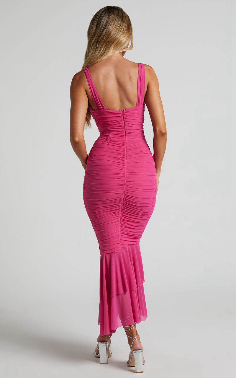 Showpo Kody Midi Dress - Bodycon Ruched Mesh Cut Out Dress Hot Pink | NWUKST412