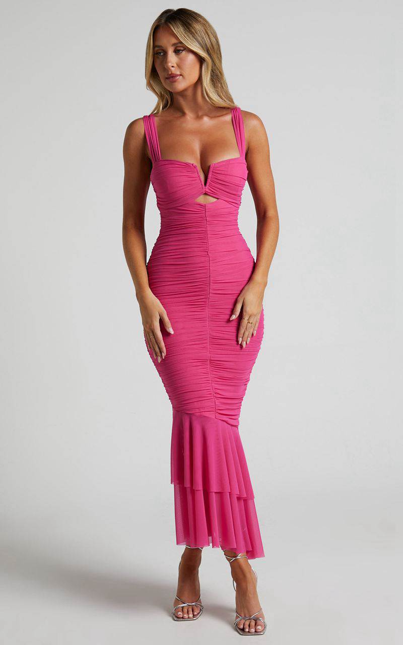 Showpo Kody Midi Dress - Bodycon Ruched Mesh Cut Out Dress Hot Pink | NWUKST412