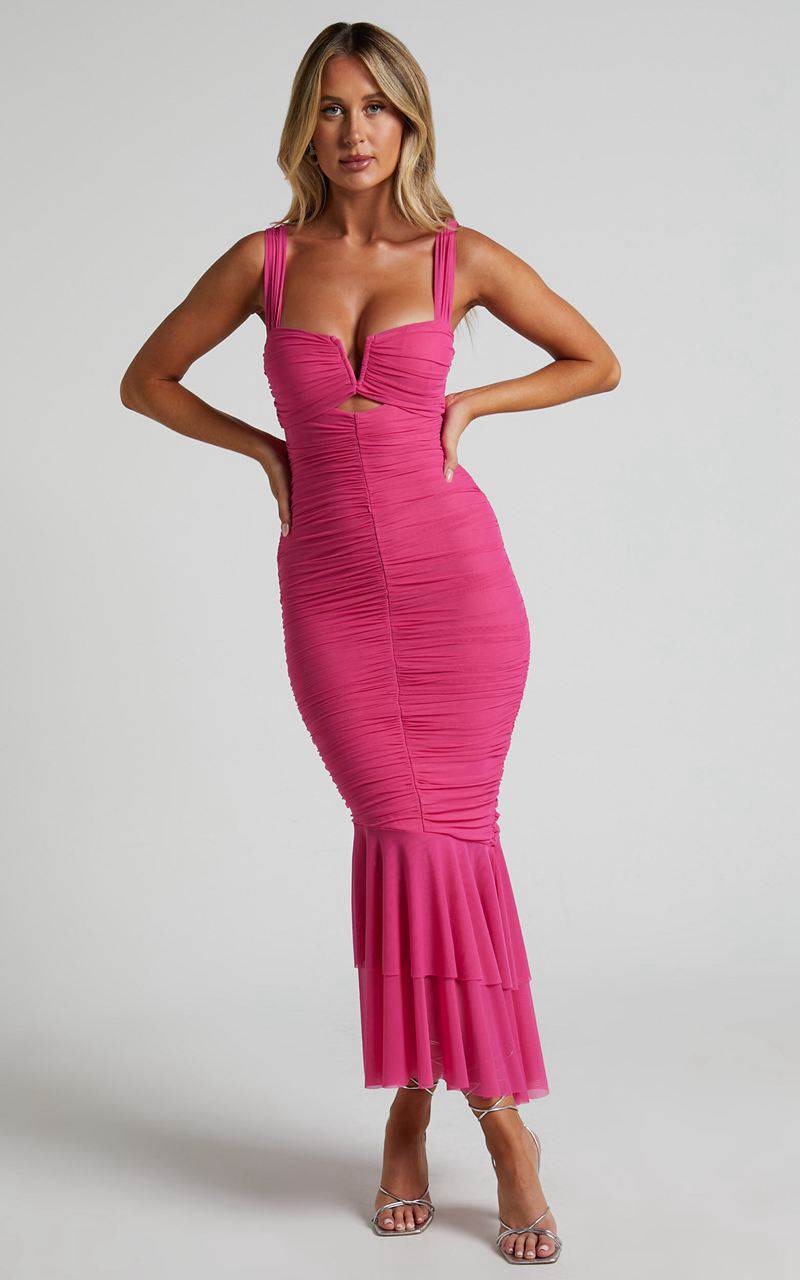 Showpo Kody Midi Dress - Bodycon Ruched Mesh Cut Out Dress Hot Pink | NWUKST412