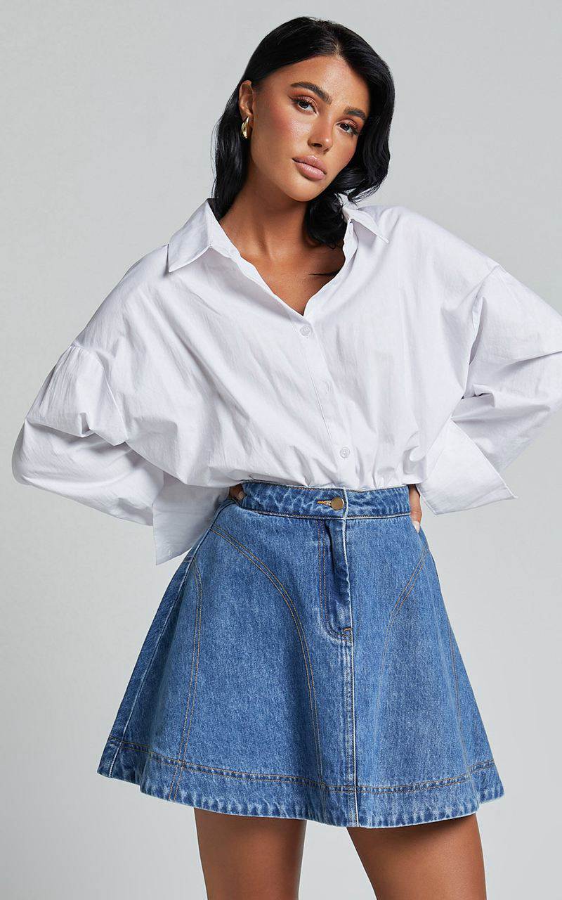 Showpo Koemi Skirt - High Waisted Denim Flare Mid Blue Wash | HPCFIT439