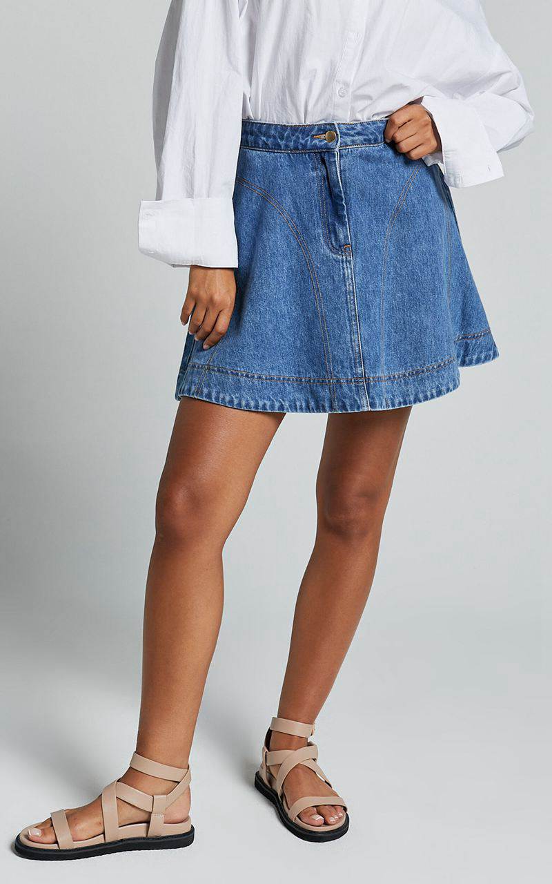 Showpo Koemi Skirt - High Waisted Denim Flare Mid Blue Wash | HPCFIT439