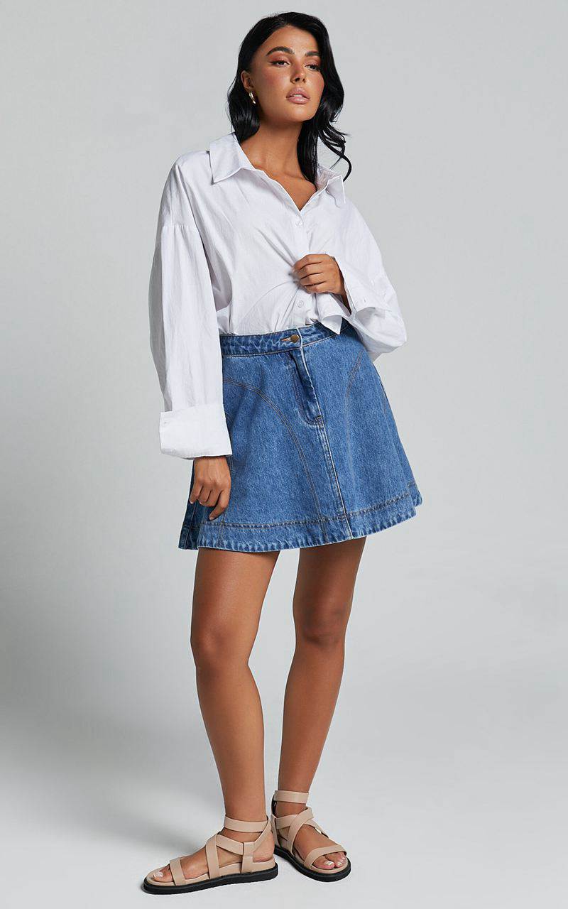 Showpo Koemi Skirt - High Waisted Denim Flare Mid Blue Wash | HPCFIT439