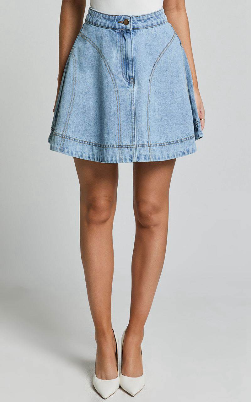 Showpo Koemi Skirt - High Waisted Denim Flare Light Blue Wash | CEHMXD623