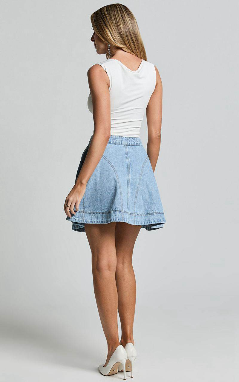 Showpo Koemi Skirt - High Waisted Denim Flare Light Blue Wash | CEHMXD623