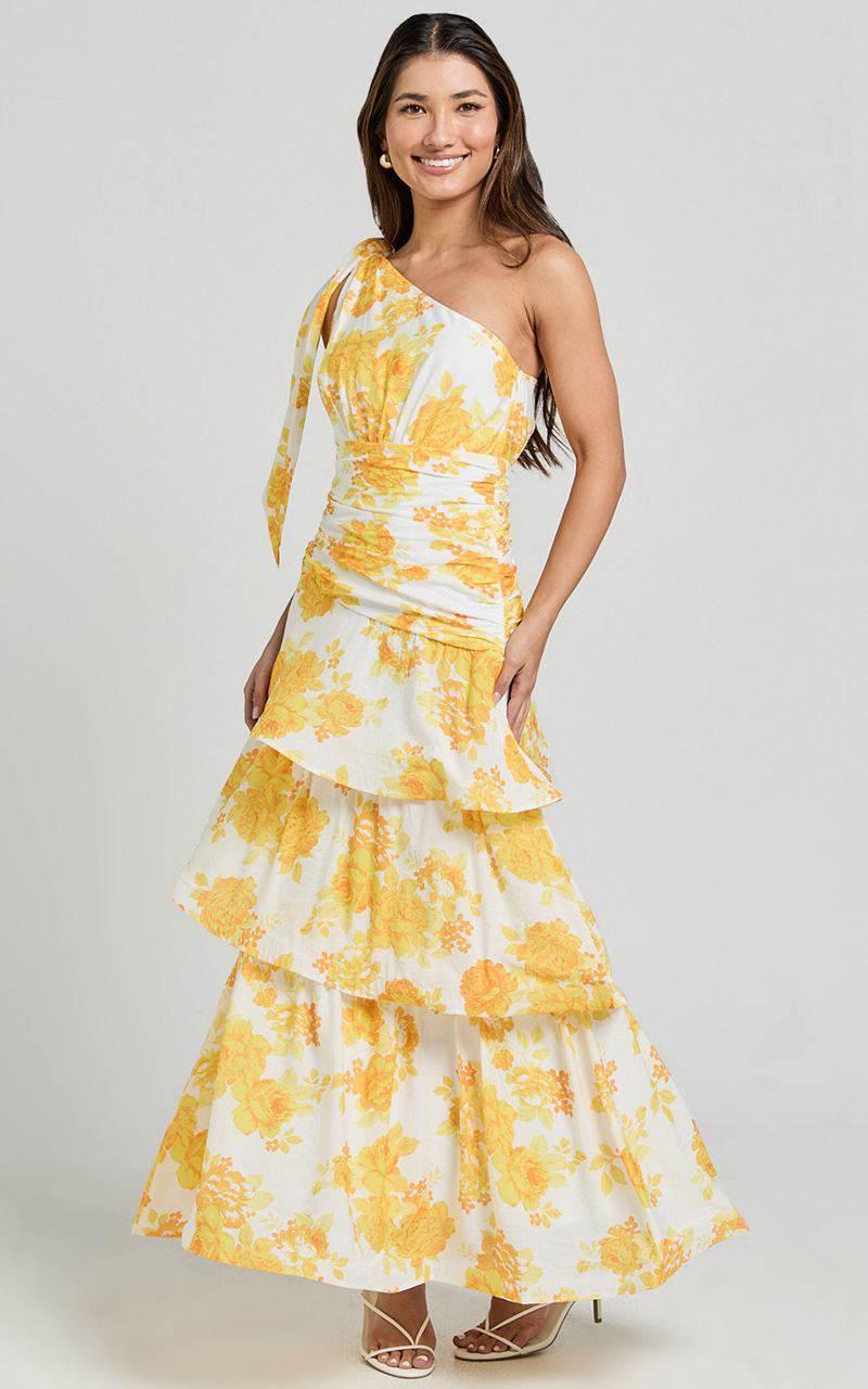 Showpo Krissy Midi Dress - Asymmetrical Tie Shoulder Layered Dress Yellow Floral | KVAXOI850