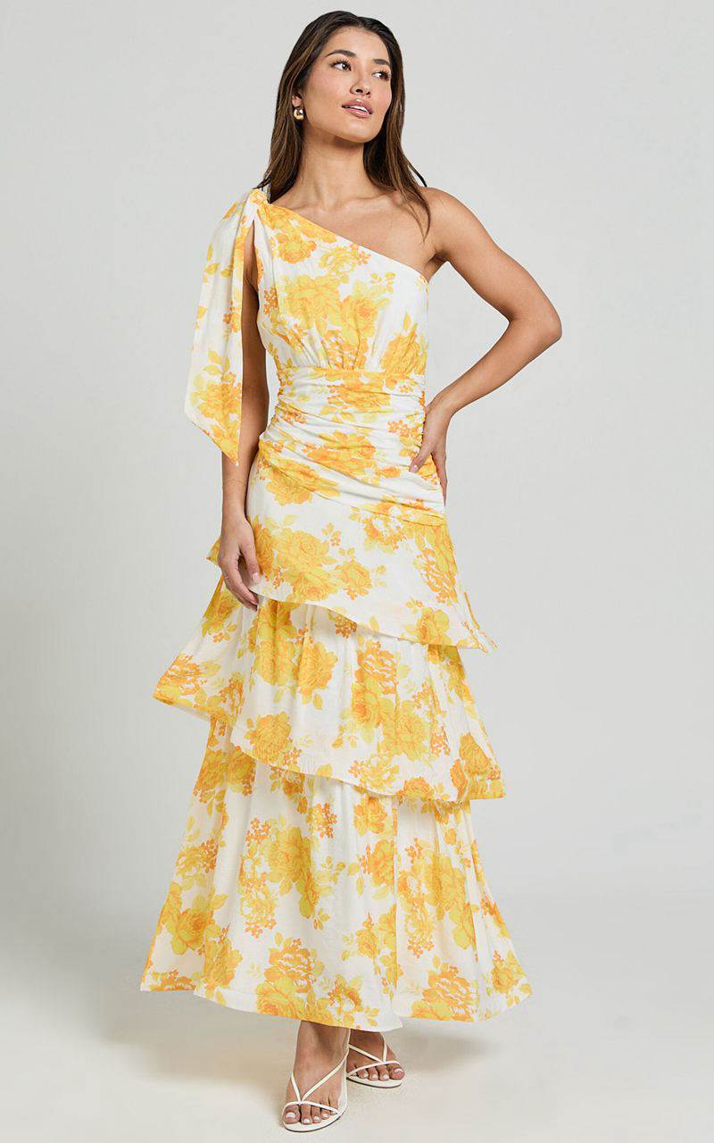 Showpo Krissy Midi Dress - Asymmetrical Tie Shoulder Layered Dress Yellow Floral | KVAXOI850