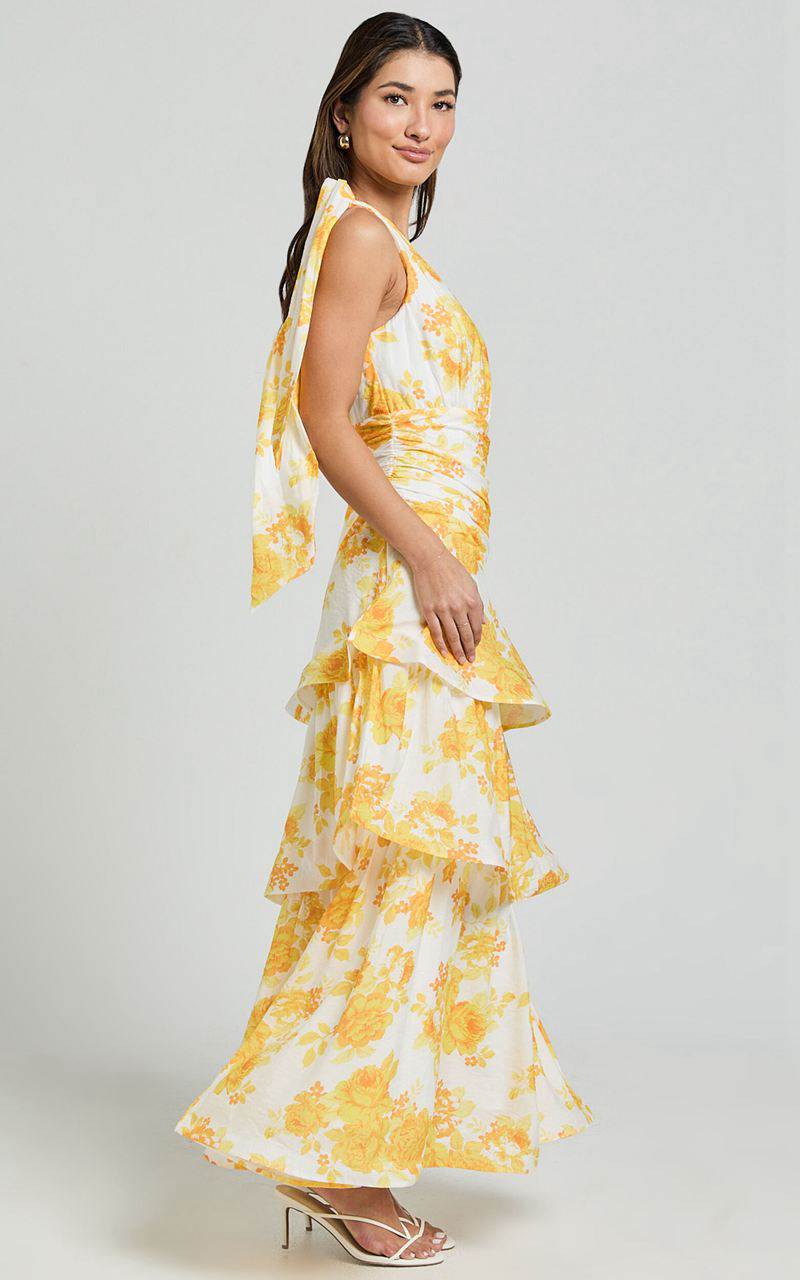 Showpo Krissy Midi Dress - Asymmetrical Tie Shoulder Layered Dress Yellow Floral | KVAXOI850