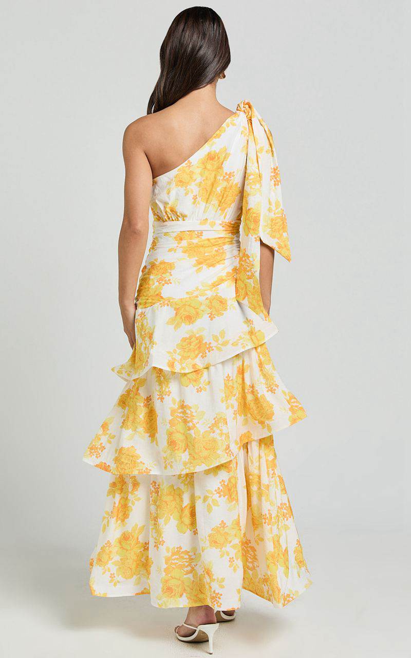 Showpo Krissy Midi Dress - Asymmetrical Tie Shoulder Layered Dress Yellow Floral | KVAXOI850