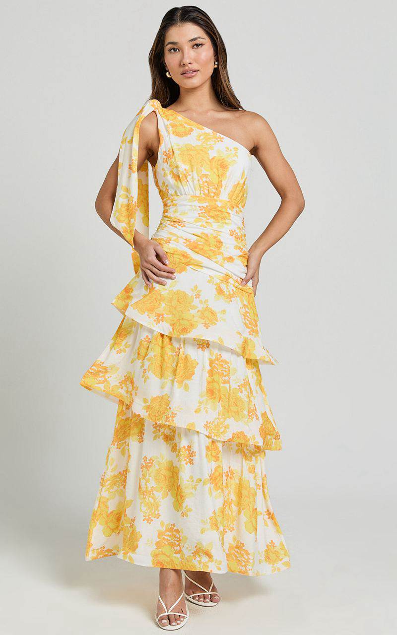 Showpo Krissy Midi Dress - Asymmetrical Tie Shoulder Layered Dress Yellow Floral | KVAXOI850