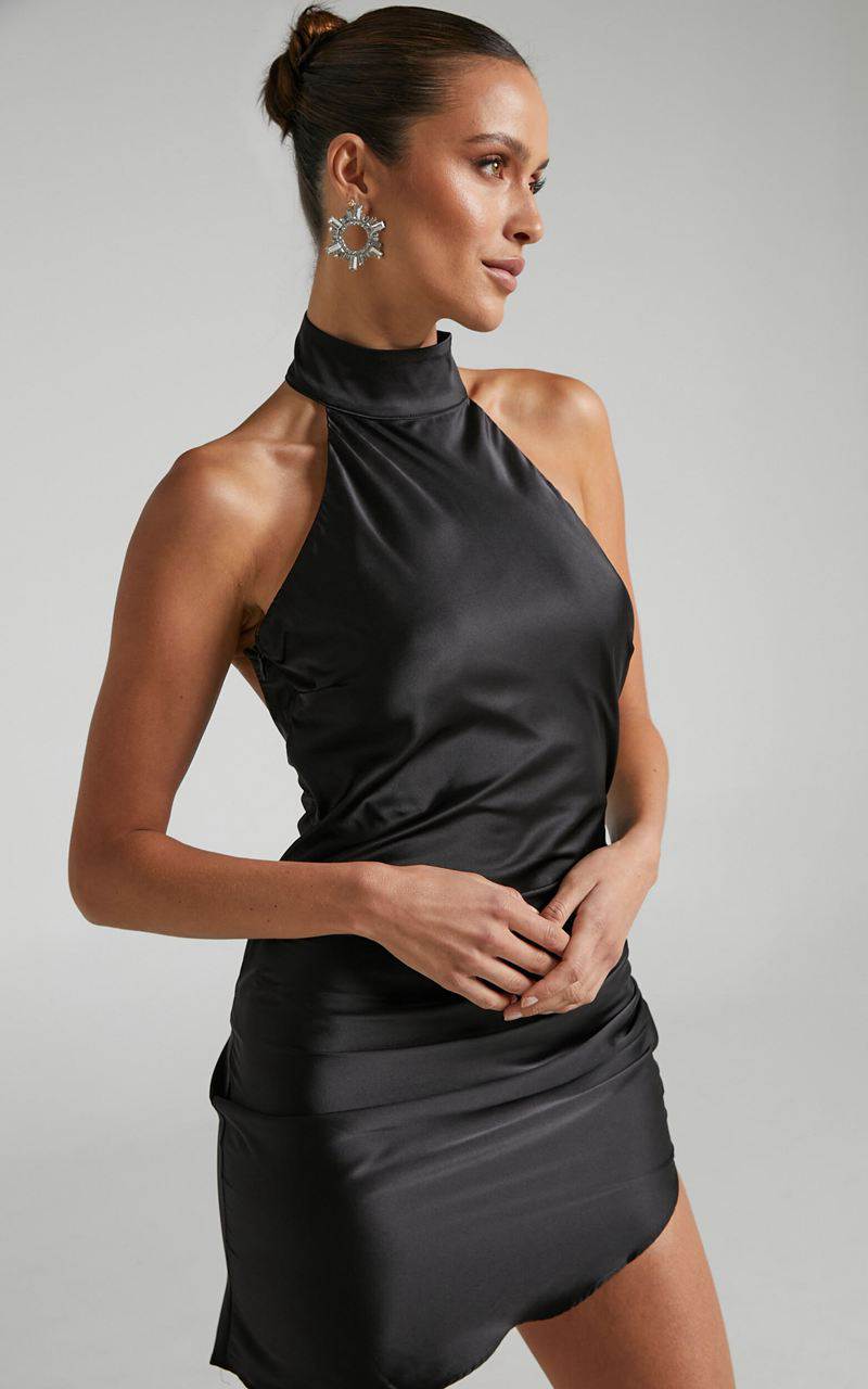 Showpo Kristelle Mini Dress - Low Back Halter Dress Black | YXDSBP370