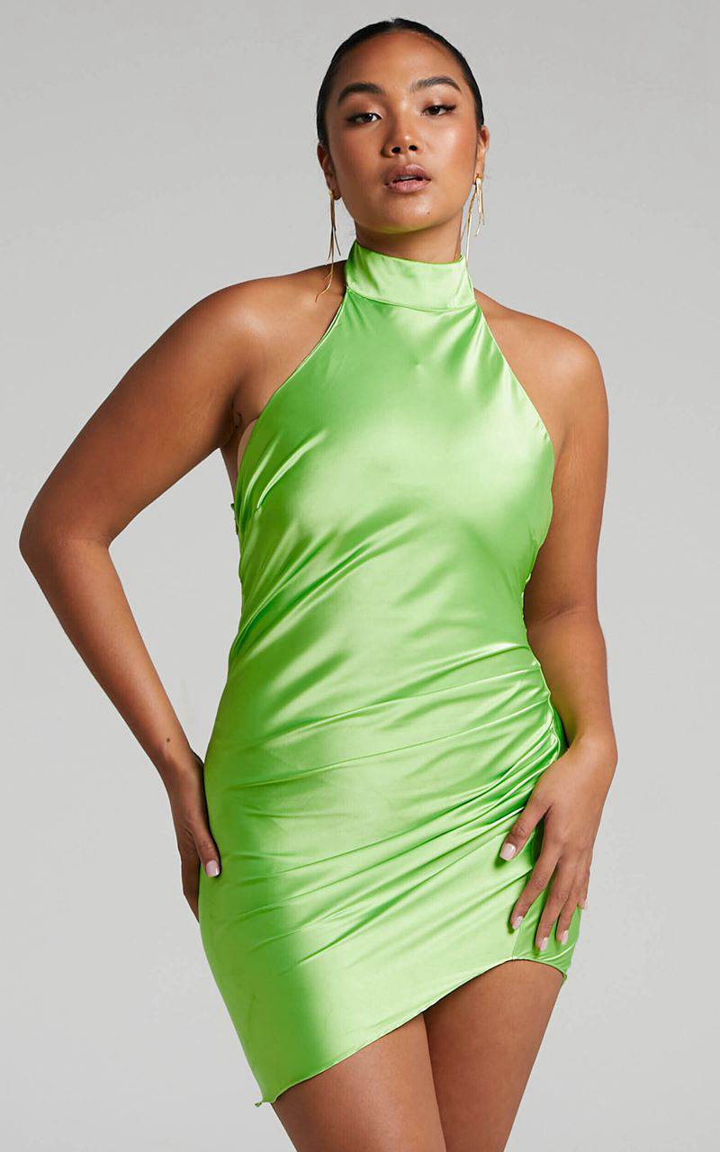 Showpo Kristelle Mini Dress - Low Back Halter Dress Lime | ILHEXC879