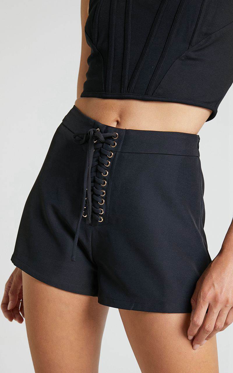 Showpo Kristitah Mini Shorts - Lace Up Shorts Black | FZTYRV368