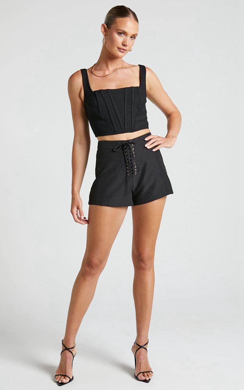 Showpo Kristitah Mini Shorts - Lace Up Shorts Black | FZTYRV368