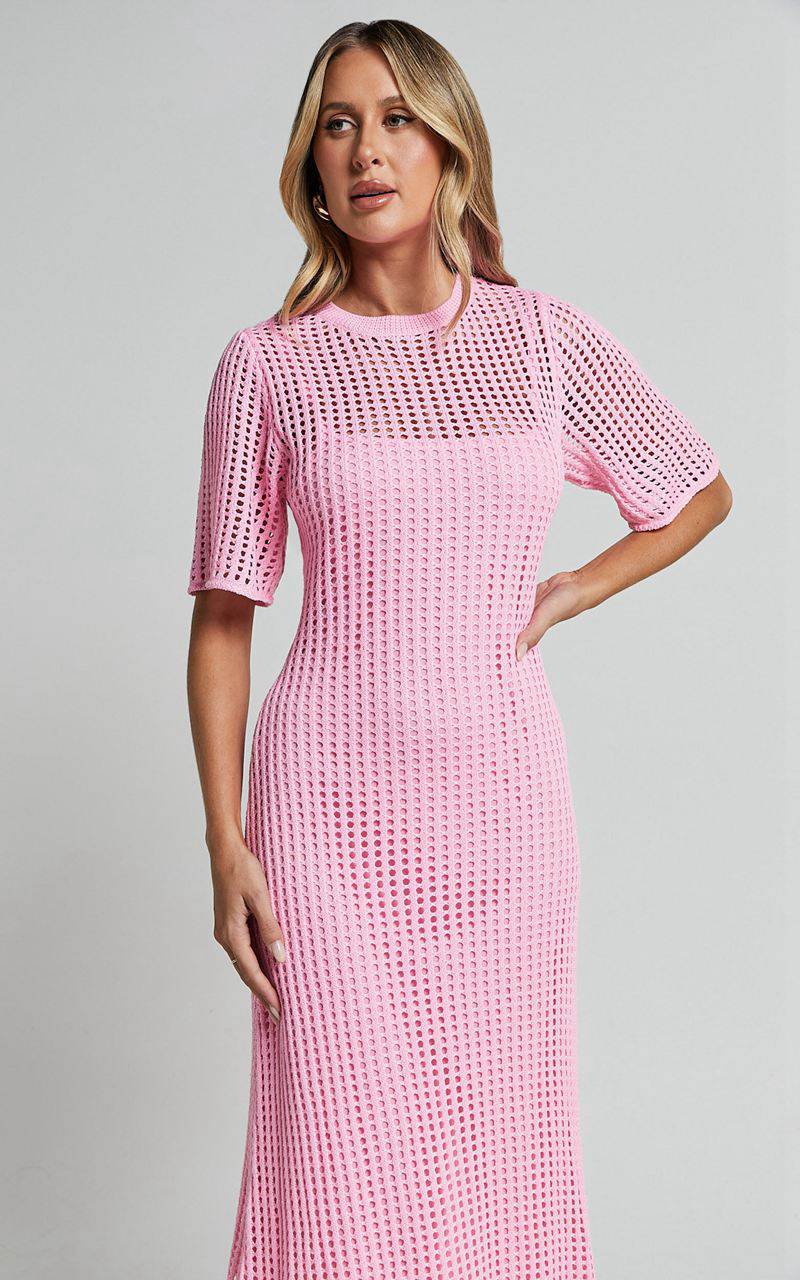 Showpo Kristy Midi Dress - Crew Neck Crochet Knitted Midi Dress Pink | IRHMTC295