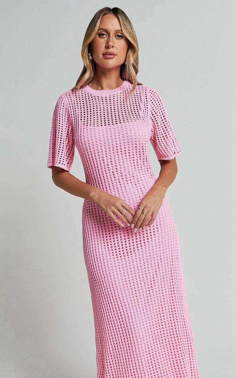 Showpo Kristy Midi Dress - Crew Neck Crochet Knitted Midi Dress Pink | IRHMTC295