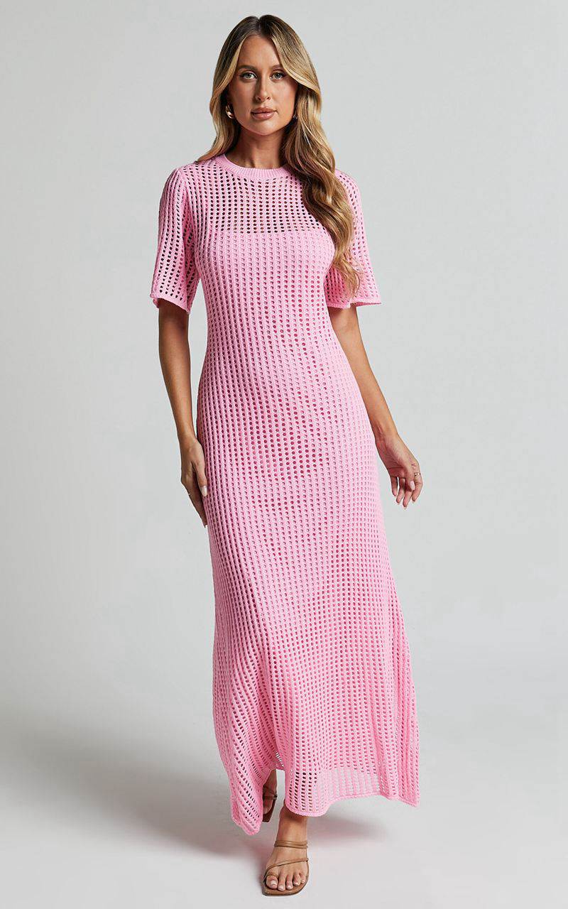 Showpo Kristy Midi Dress - Crew Neck Crochet Knitted Midi Dress Pink | IRHMTC295