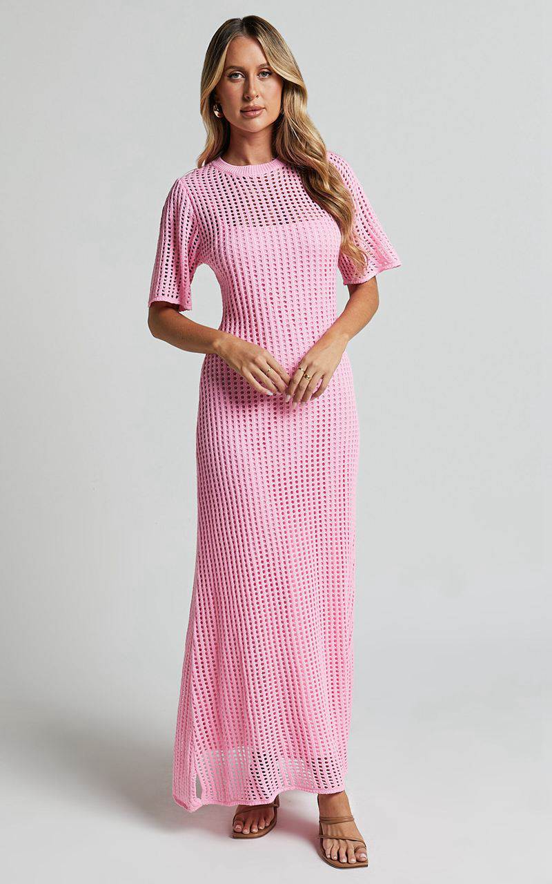 Showpo Kristy Midi Dress - Crew Neck Crochet Knitted Midi Dress Pink | IRHMTC295