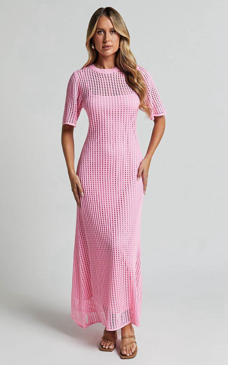 Showpo Kristy Midi Dress - Crew Neck Crochet Knitted Midi Dress Pink | IRHMTC295