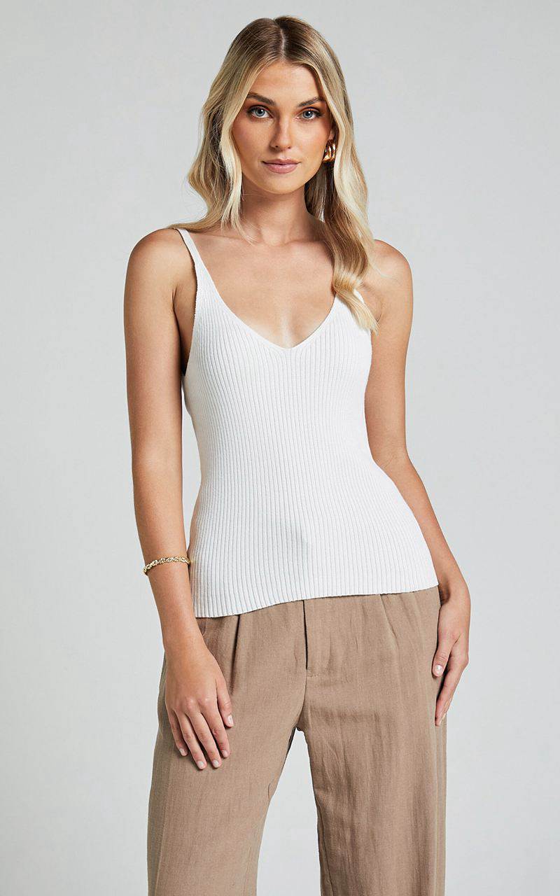 Showpo Kryselle Top - V Neck Knitted Tank Top White | WLDHOX932