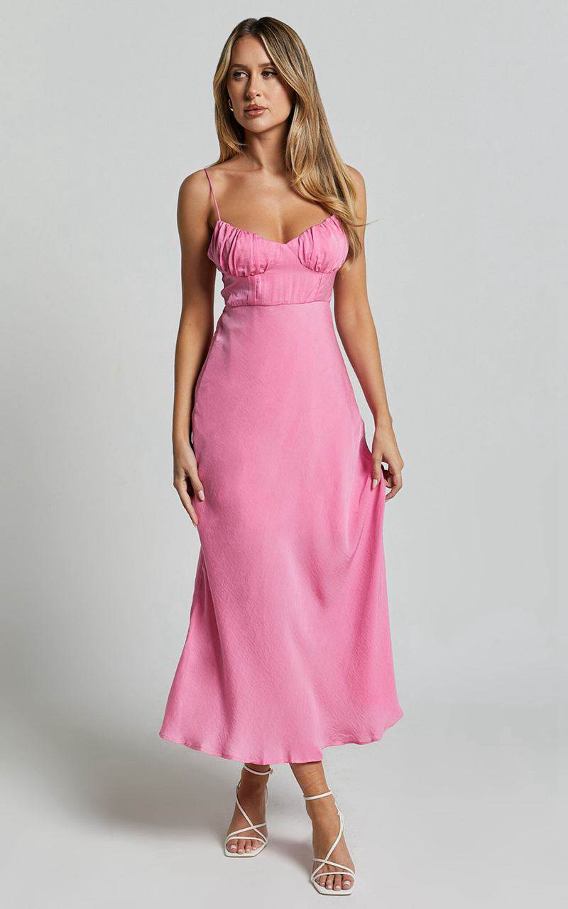 Showpo Krysta Midi Dress - Sweetheart Ruched Bust Slip Dress Pink | VDBGYQ032