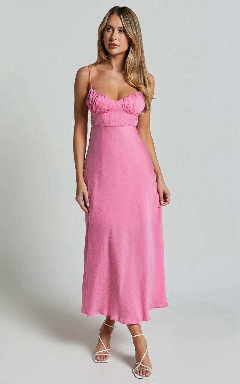 Showpo Krysta Midi Dress - Sweetheart Ruched Bust Slip Dress Pink | VDBGYQ032