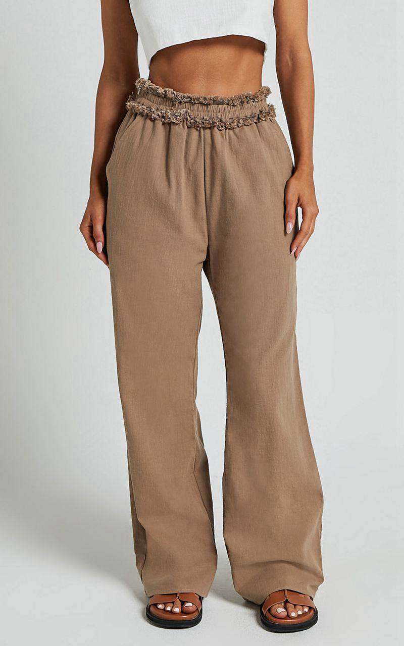 Showpo Kylie Pants - High Frayed Elasticated Waist Linen Look Pants Mushroom | ICPWDR728