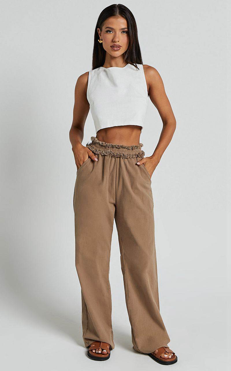 Showpo Kylie Pants - High Frayed Elasticated Waist Linen Look Pants Mushroom | ICPWDR728