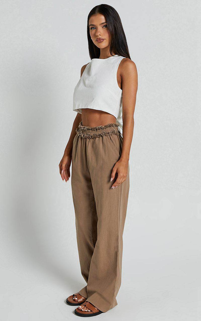 Showpo Kylie Pants - High Frayed Elasticated Waist Linen Look Pants Mushroom | ICPWDR728