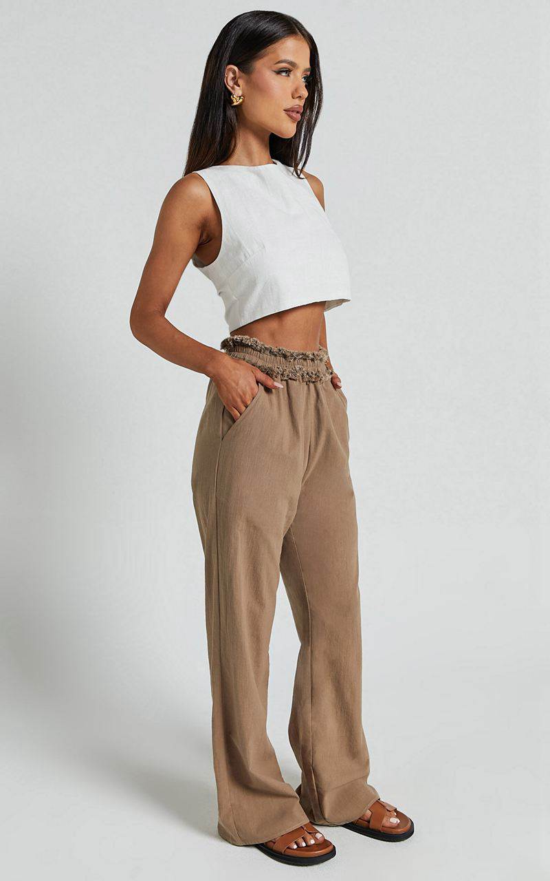 Showpo Kylie Pants - High Frayed Elasticated Waist Linen Look Pants Mushroom | ICPWDR728