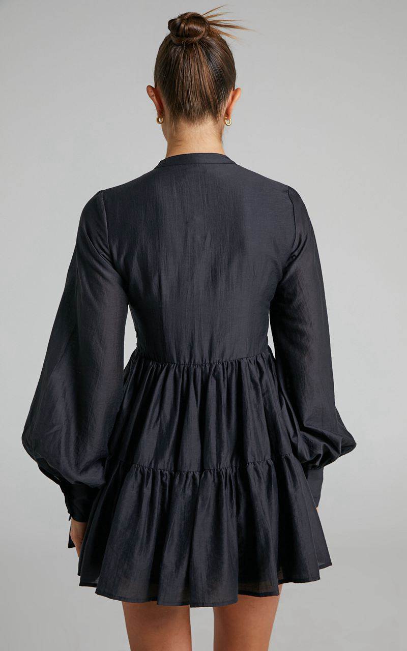 Showpo Kyra Mini Dress - Pin Tuck Detail Tiered Shirt Dress Black | XMLTFD190