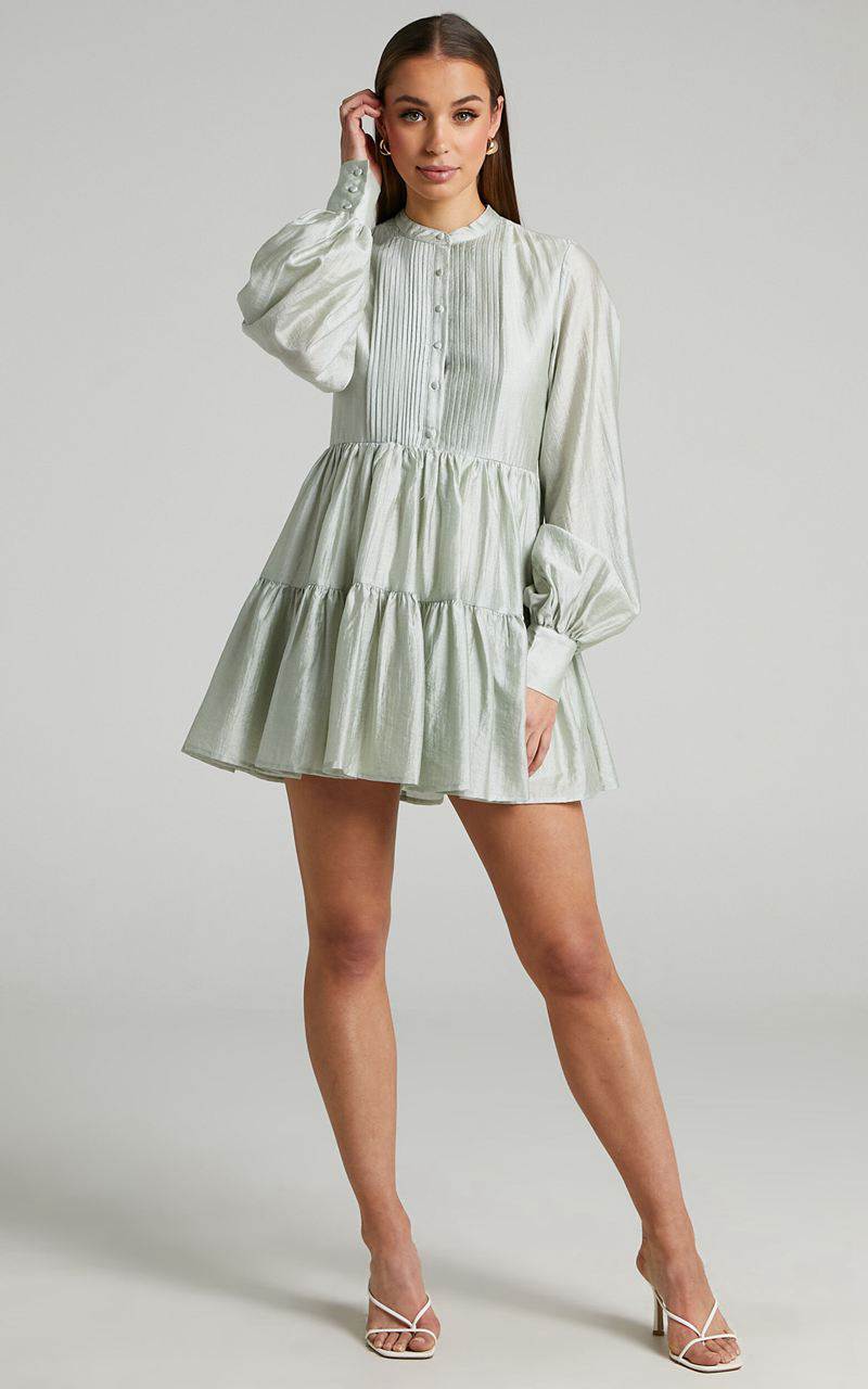 Showpo Kyra Mini Dress - Pin Tuck Detail Tiered Shirt Dress Sage | WHUZRQ247