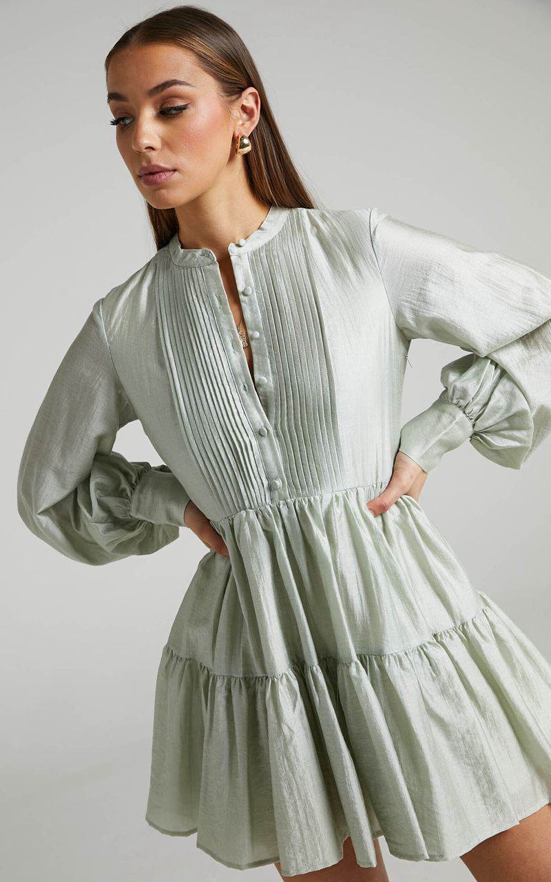 Showpo Kyra Mini Dress - Pin Tuck Detail Tiered Shirt Dress Sage | WHUZRQ247