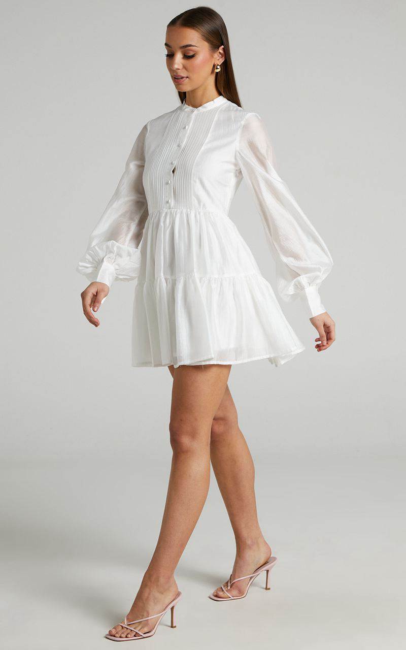 Showpo Kyra Mini Dress - Pin Tuck Detail Tiered Shirt Dress Off White | LJCOPR253