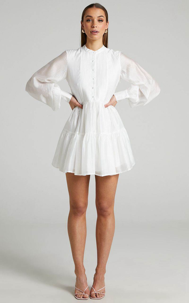 Showpo Kyra Mini Dress - Pin Tuck Detail Tiered Shirt Dress Off White | LJCOPR253