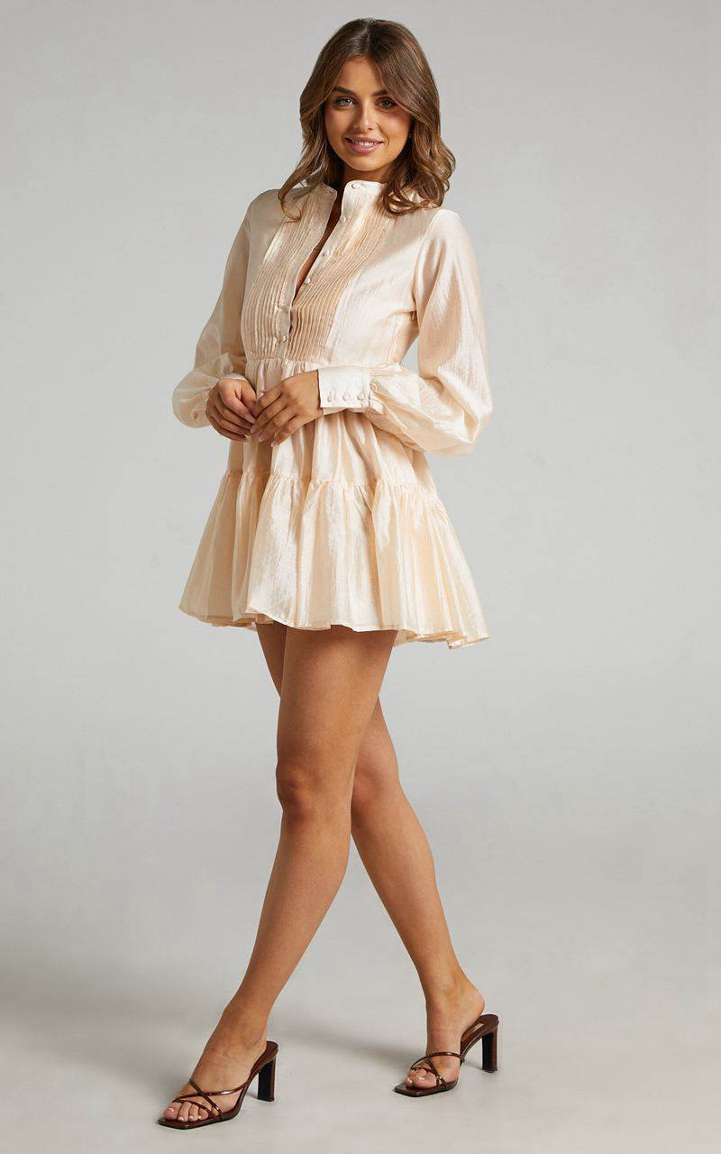 Showpo Kyra Mini Dress - Pin Tuck Detail Tiered Shirt Dress Cream | KZXHYV592