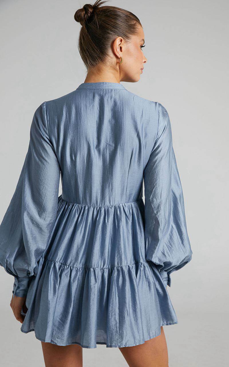 Showpo Kyra Mini Dress - Pin Tuck Detail Tiered Shirt Dress Blue | UQIWCR867