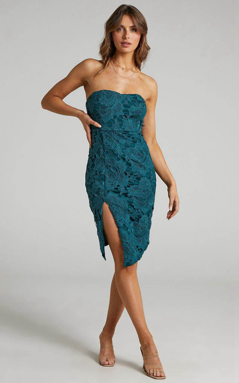 Showpo Lace To Lace Midi Dress - Strapless Bodycon Dress Emerald Lace | FQHTWV846