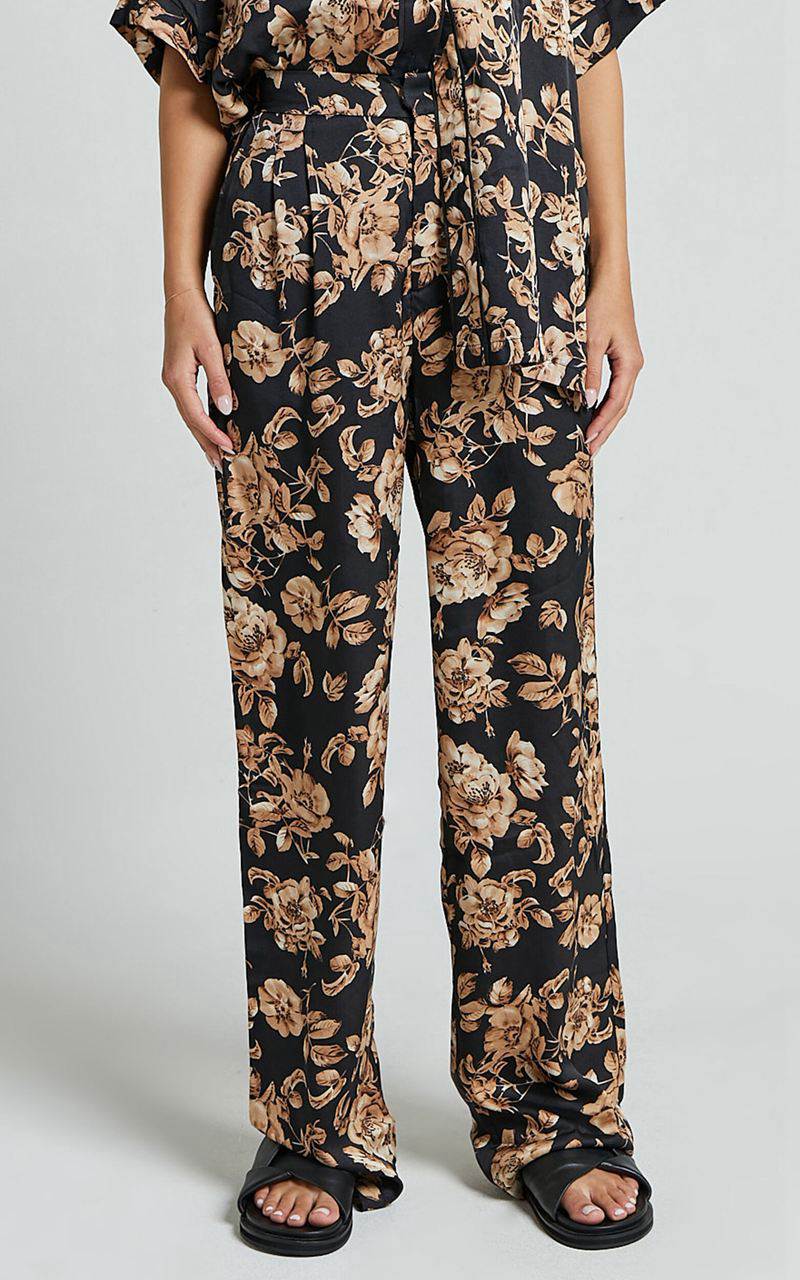 Showpo Laila Pants - High Waisted Wide Leg Pants Black Floral | BMCNUJ423