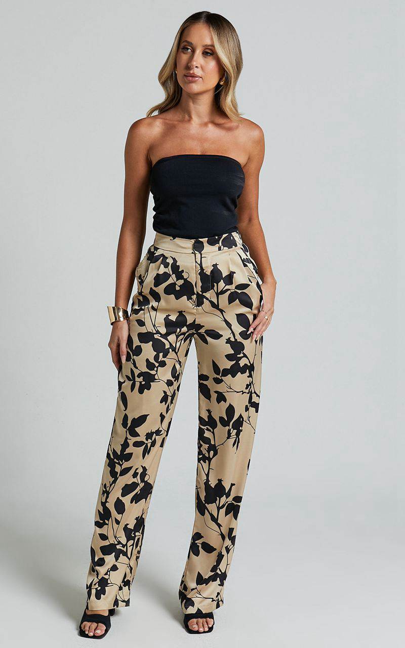 Showpo Laila Pants - High Waisted Wide Leg Pants Black And Cream Print | VNRTLM039