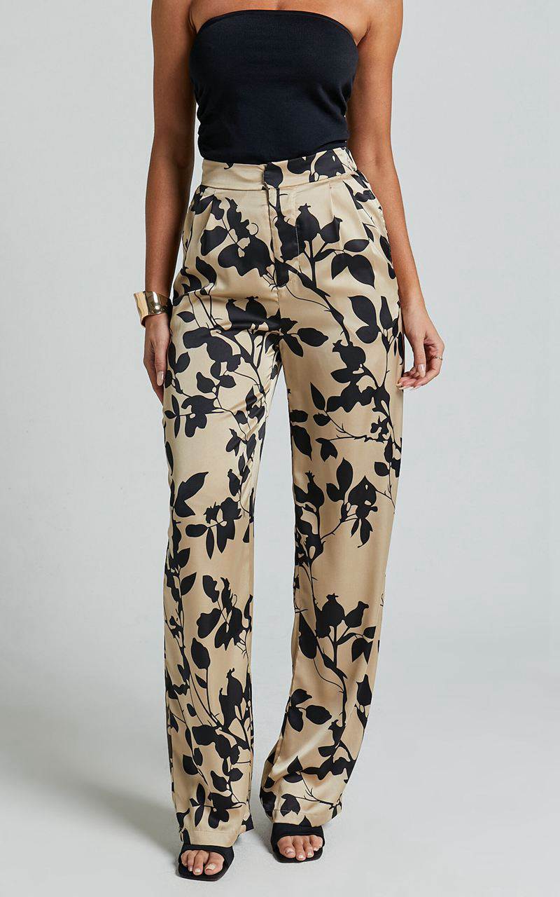 Showpo Laila Pants - High Waisted Wide Leg Pants Black And Cream Print | VNRTLM039