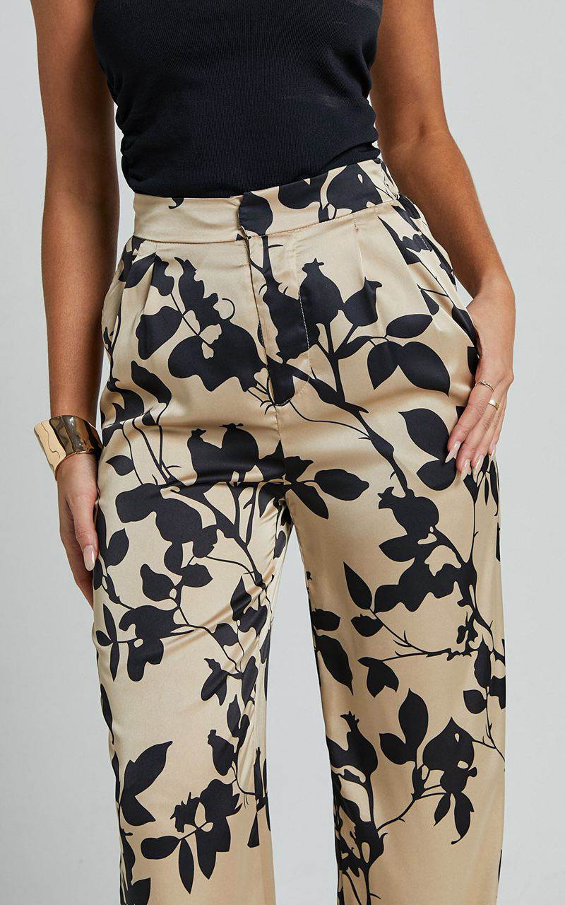 Showpo Laila Pants - High Waisted Wide Leg Pants Black And Cream Print | VNRTLM039