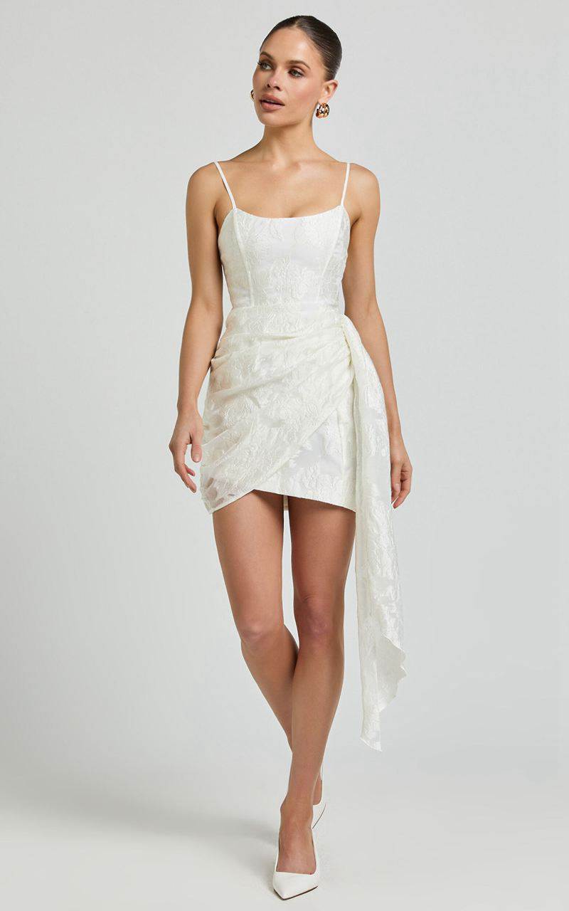 Showpo Laine Mini Dress - Jacquard Draped Dress White | PKOIDM814