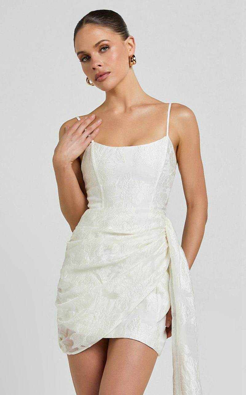 Showpo Laine Mini Dress - Jacquard Draped Dress White | PKOIDM814