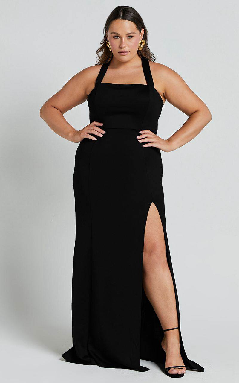 Showpo Lainie Maxi Dress - Straight Neck Thigh Split Cross Back Black | QDJIMA374