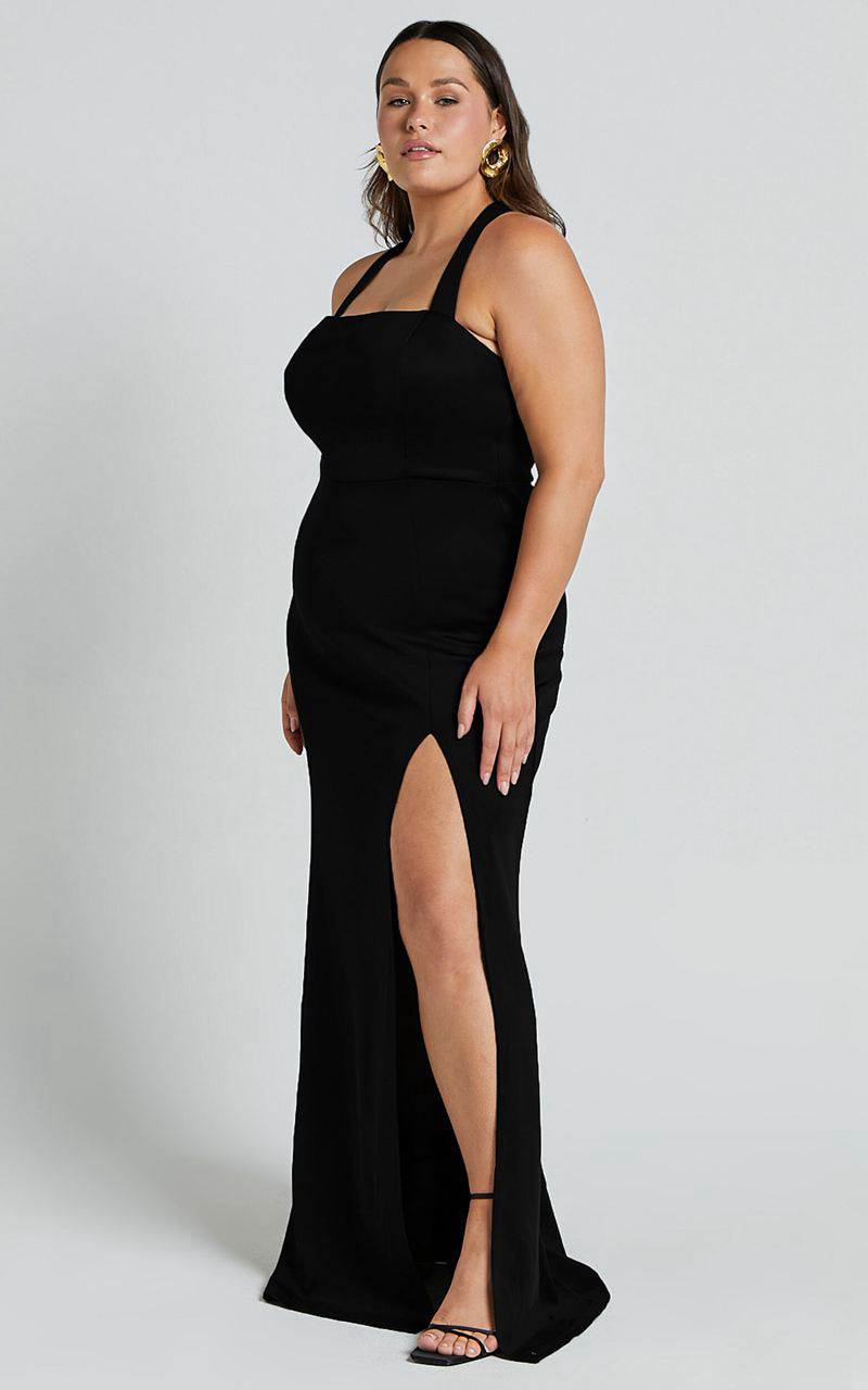 Showpo Lainie Maxi Dress - Straight Neck Thigh Split Cross Back Black | QDJIMA374